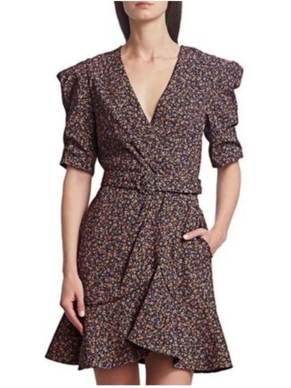 Jonathan Simkhai Evelyn Puff-Sleeve Belted Floral Flare Dress fits 8 to 10 NWOT